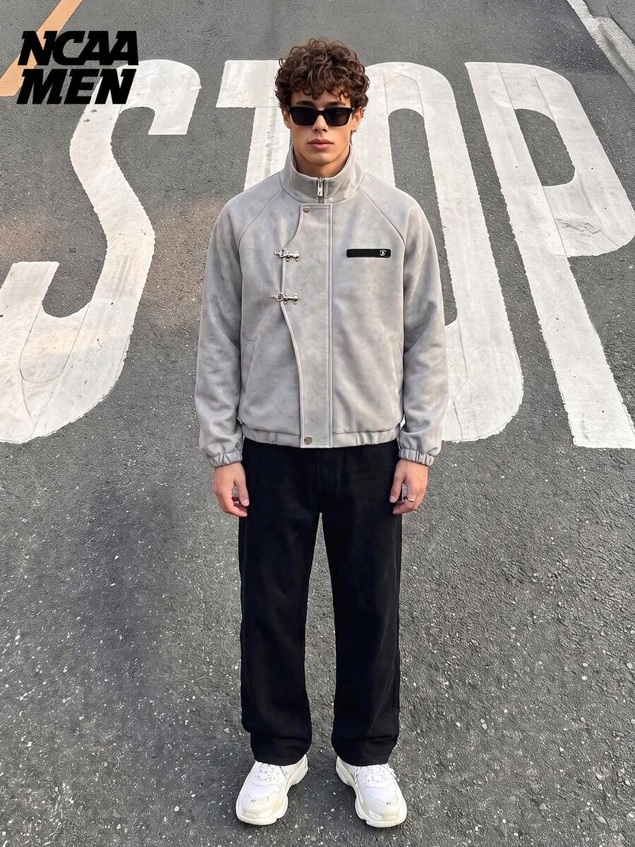 New Chinese Style Retro Casual Stand Collar PU Jacket With Asymmetrical Metal Buckle, Niche High-End Matte Faux Deerskin, Unisex Spring/Autumn - Grey - View 1