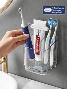 1pc Transparent Toothbrush Holder, Divided Wall-Mounted Storage Rack, Multi-Functional Bathroom Storage Accessory, Creative Drill-Free Bathroom Organizer, For Storing Toothbrush Tools, Combs And Razors, Home Bathroom Decor - Clear - View 3
