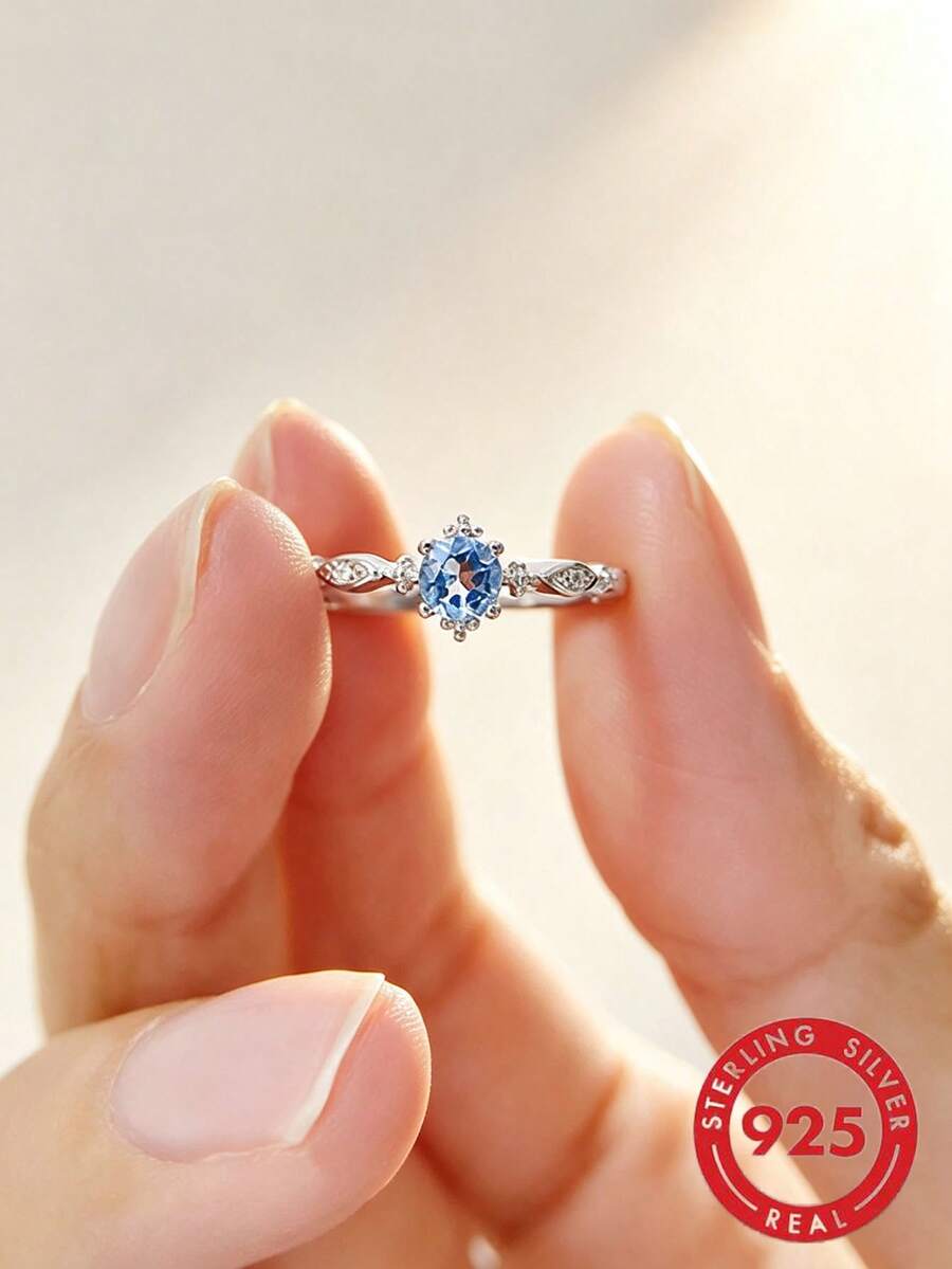 1 Piece S925 Sterling Silver Ring With Aquamarine, Elegant Gemstone Jewelry For Women, Ideal For Proposal, Engagement - Silver - View 1