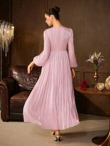 Elegant Pink Evening Gown With Rhinestones, Long Bishop Sleeves, Flared Skirt, Round Neck Formal Dress - Baby Pink - View 3