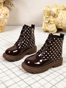 1 Pair Brown Polka Dot Glossy Children's Boots, Soft Mirror PU Material, Round Toe Thick Sole Height Increase, Fashionable Versatile Princess Style Short Leather Boots, Suitable For Daily School, Holiday, Party, Autumn/Winter New - Brown - View 5
