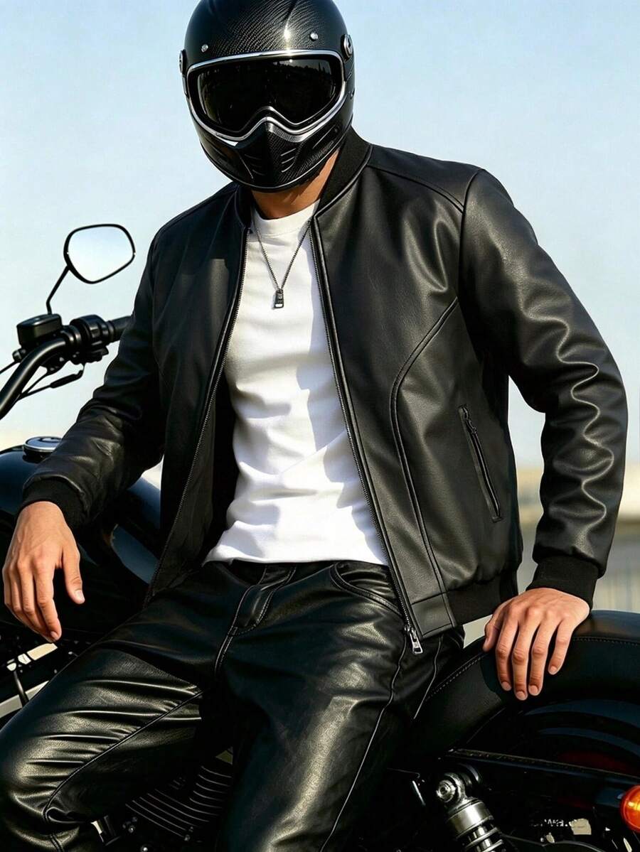 Men's Autumn/Winter Motorcycle PU Leather Jacket, Black Long Sleeve Zipper Motorcycle Style Sports Jacket - Black - View 1