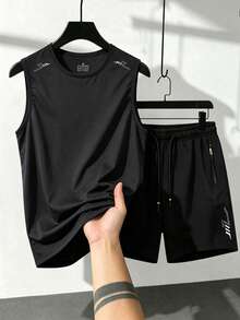 Men's Basic Solid Color Sleeveless Tank Top & Drawstring Bermuda Shorts Set, Sports Black - Black - View 2
