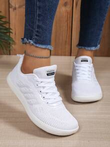 Women's Wide Toe Box Striped Mesh Front Lace-Up Sneakers, Suitable For Casual Sports And Commuting, Extra Wide Athletic Shoes - White - View 4