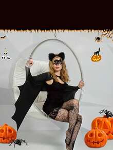 2pcs Halloween Party Costume Set - Bat Accessory Set, Includes Black Wings, Arm Warmers And Plush Ear Headband - Black - View 6