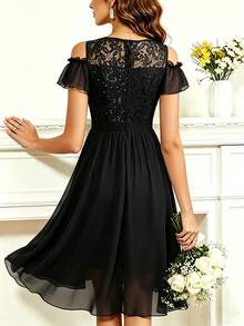 Gaun Pesta Pernikahan Bridesmaid dengan Hiasan Renda, Patchwork, Resleting, dan Rumbai/Bergelombang - Hitam - View 2