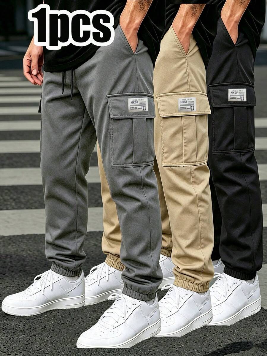 Fashion Men's Outdoor Cropped Pants Solid Color Classic Versatile Slim Leg Multi-Pocket Cargo Pants - Grey - View 1