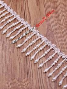 1/2" 白色絲綢流蘇蕾絲飾邊，附珍珠流蘇珠，蕾絲串珠流蘇緞帶，適用於衣物、窗簾，珍珠吊墜流蘇 - 珍珠流蘇 - 查看 5