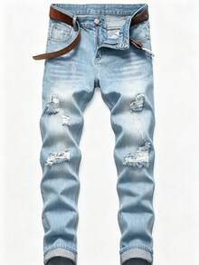 Jeans desgastados rotos para hombre, estilo relajado, mezclilla transpirable, no causa incomodidad en uso prolongado, ideal para todo el día, envío  México UDPJN - Azul - Ver 6