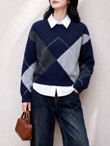 Women's New Autumn/Winter Minimalist Style Large Rhombus Pattern Crew Neck Pullover Sweater - Navy Blue - View 4