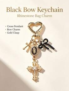 Exquisite Cross Keychain, Pearl Rhinestone Bow Bag Charm. Sweet And Cool Bag Decoration, Birthday And Holiday Gifts For Women Girls. - Multicolor - View 5