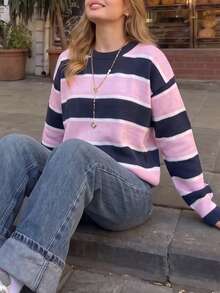 Women Fall Pink Navy White Striped Knit Sweater, Crew Neck Drop‑Shoulder Long Sleeve Loose Pullover For Campus Casual Date Daily Going‑Out - Multicolor - View 7