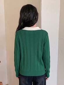 Teen Girls Colorblock Polo Collar Loose Knit Sweater Autumn Collegiate Style Badge Embroidery - Green - View 4