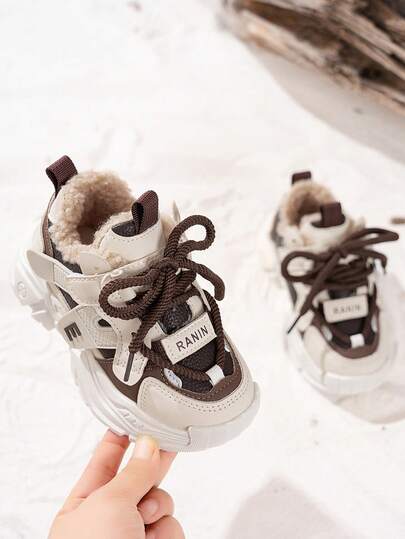 Autumn/Winter Thermal Lined Kids' Chunky Sneakers, Colorblock Versatile Anti-Slip Sports Shoes, Thick Sole Warm Casual Shoes For Boys And Girls