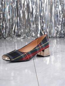 Classic Plaid Square Toe Pumps With 4.5cm Chunky Heel, Comfortable For Walking, Suitable For Various Outfit Styles, Fashionable Women's Shoes - Black - View 8