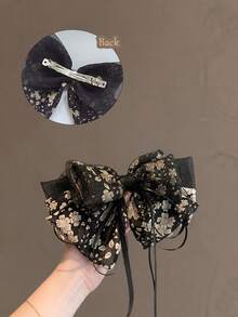 topshiny Black Floral Chiffon Bow Snap Hair Clip With Long Ribbon Tail, Elegant Chiffon Bow French Style Hair Clip, Ponytail Hair Accessory For Women - Black - View 5