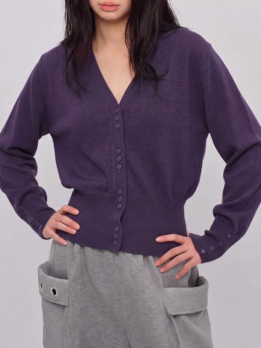 Women's Autumn/Winter Minimalist Elegant V-Neck Cardigan Knit Sweater Fall - Purple - View 1