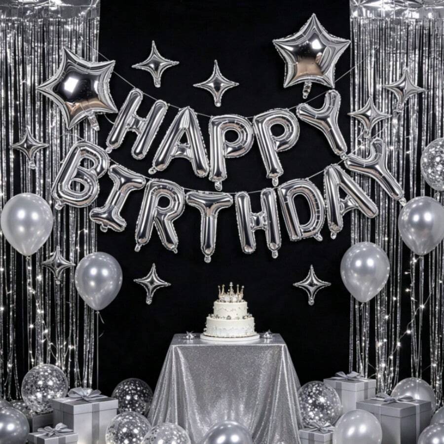 18pcs Silver Birthday Banner, Five-Point Star & Four-Point Star Foil Balloon Set, Suitable For Birthday Party Decoration, Theme Party Setup, Birthday Atmosphere Decor, Bachelor Party Setup, Coming Of Age Ceremony, First Birthday - View 1