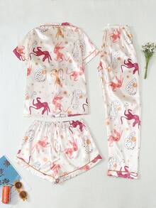 Women's Animal Print Satin Pajama Set, Short Sleeve Top, Shorts & Long Pants, 3 Pieces - Champagne - View 7