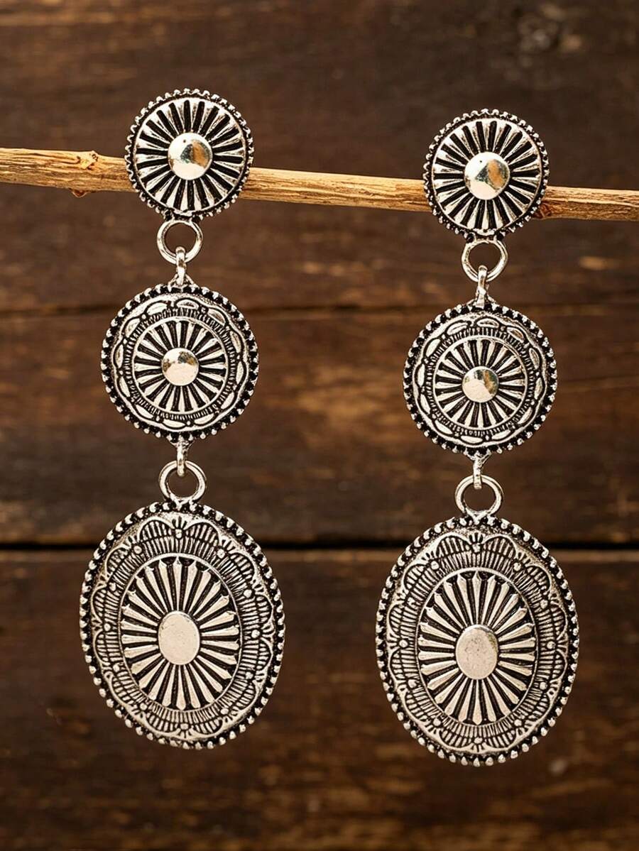 1 Pair Vintage Bohemian Western Style Totem Carved Geometric Patchwork Metal Alloy Drop Earrings