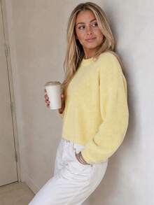 Wixra Women's Cream Yellow Waffle Ribbed Crew Neck Sweater Loose Drop Shoulder Long Sleeve Pullover - Yellow - View 5