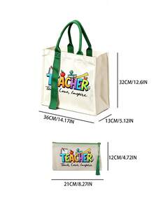 Vintage Green Ribbon Handbag With "Teacher" Letter Element And Tassel Mini Makeup Bag. Gift For Teachers, Teacher Letter Pattern, Matching Mini Storage Bag - Daily Commute, Shopping, Spring Outing, Travel Handbag Set, Foldable Handbag Summer Winter Essential Item For Shopping And Daily Use Suitable For Travelers And Teachers Daily Commute, Easter, Mother's Day, Teacher's Day, Spring Summer Gift Vacation And Perfect Choice For Gifting. - Green - View 9
