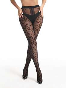 1pc Women 20D Leopard Jacquard Pattern Sheer Nylon Blend Stretchy Slim Fit Sexy Fashion Pantyhose For Daily Date Night - Black - View 6