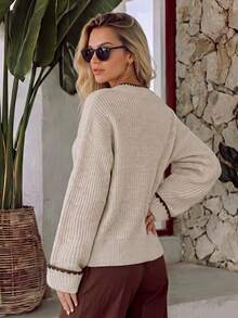 NiceArt Women's Autumn Oatmeal Color Mixed Wool Blend V-Neck Contrast Wave Trim Long Sleeve Loose Ribbed Knit Pullover Sweater, Neutral Soft Casual - Khaki - View 4
