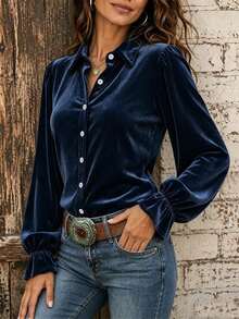 Women's Korean Velvet Long Sleeve Flare Sleeve Ruffle Blouse, Elegant Lapel Autumn Top - Navy Blue - View 4