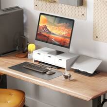 Dual Monitor Stand Riser With 2 Drawers, Adjustable Length And Angle, 116cm Monitor Riser Laptop, Computer, PC, Small Printer, Black - White + Engineered Wood - View 2