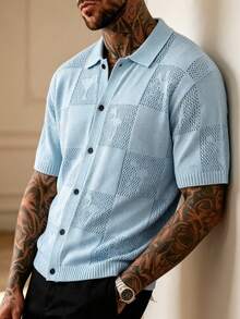 LOOKUN Men's Spring/Summer Old Money Dark Green Hollow Mesh Polo Collar Short Sleeve Knit Top, Loose Breathable Casual Versatile Shirt - Baby Blue - View 2