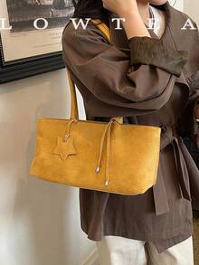 low tea 1pc Minimalist Fashion Square Suede Fabric Shoulder Bag, Suitable For Commuting, Shopping, Etc. - Yellow - View 12