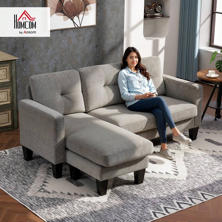 أريكة زاوية HOMCOM مع شيزلونج قابل للعكس بمظهر شينيل رمادي-بني | أريكة زاوية على شكل L، مبطنة، مع قلب نابض، إطار فولاذي، 186 * 130 * 84 سم - بني - مشاهدة 1