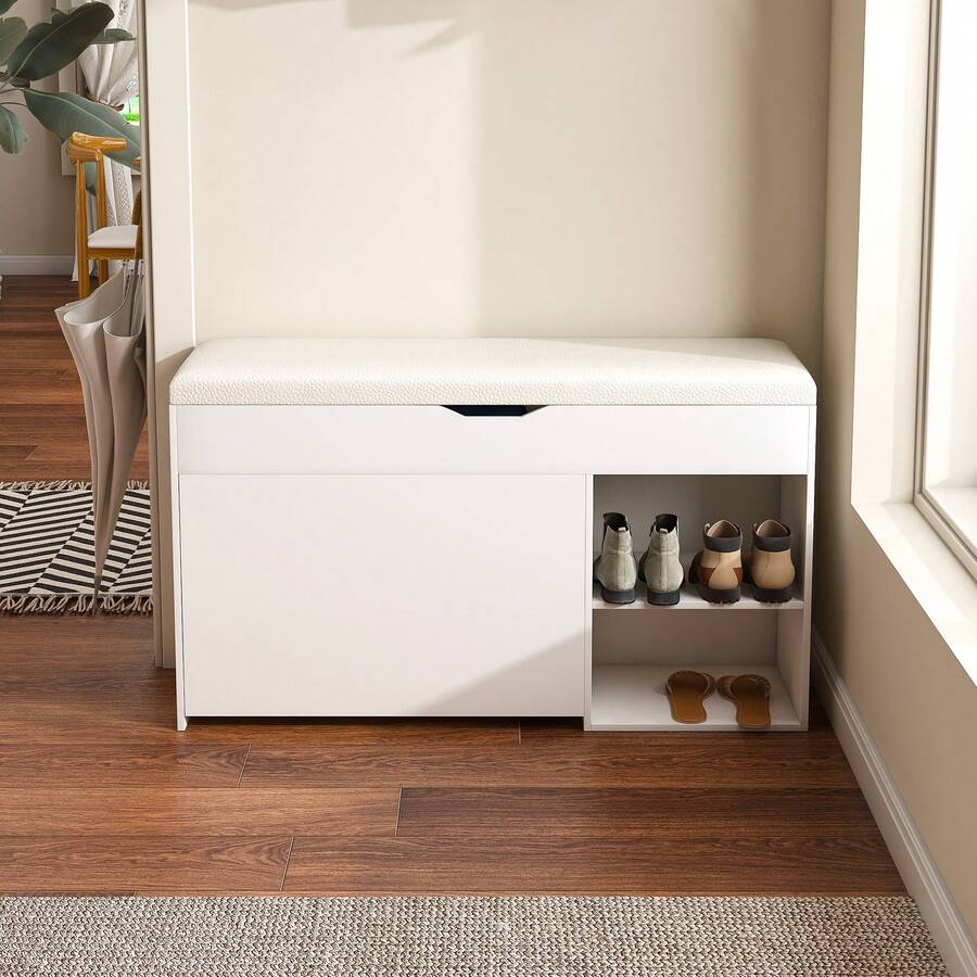 Storage Bench White - Entryway/Living Room - MDF 100x30x52cm - White - View 1