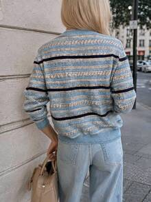 New Autumn/Winter Women's Casual Minimalist Soft Striped Frayed Edge Knit Cardigan Jacket - Baby Blue - View 3