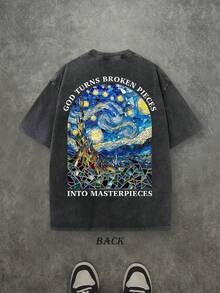 Plus Size Vintage Washed Starry Night Stained Glass God Turns Broken Pieces Into Masterpieces Graphic T-Shirt Men Plus Size Loose Short Sleeve Tee - Black - View 2