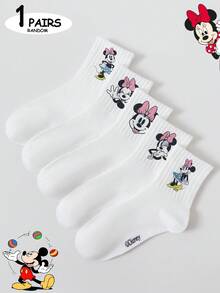 Disney 1/5雙迪士尼襪子，米老鼠襪子，米妮鼠襪子，唐老鴨圖案男女中筒襪，卡通系列可愛酷炫中性風格，高級中筒襪，印有迪士尼米老鼠圖案，完美假期禮物，經典純色粗條紋白色運動襪－假期送禮的完美選擇 - 彩色 - 查看 7
