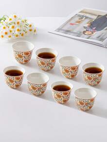 Bohemian Floral Ceramic Tea Cups, 4/8 PCS Porcelain Small Teacups, Vintage Drinkware For Ramadan, Eid Al‑Fitr, Home Party Daily Use - Multicolor - View 6