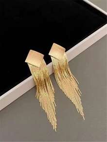 1 Pair Gold-Tone Square Long Tassel Stud Earrings - Yellow Gold - View 1