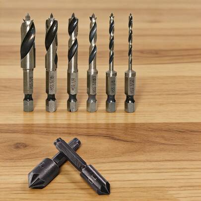 UNISURE 8pcs Wood Countersink Drill Bit Set 3/32"-3/8" Hex Shank Three-Point Twist Drill + 10/13mm Seven-Flute Countersink Chamfer Tool HHS Steel, Minimalist Black & Silver Cylindrical Twist Design With Positioning Tip Detail, Furniture Assembly Cabinet Making Tool, Suitable As Father's Day Gift