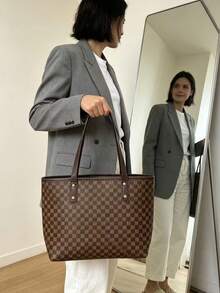 女款極簡大容量托特包 通勤單肩包復古托特包休閒大容量手提包 適合購物與旅行 - 鏽棕色 - 查看 2