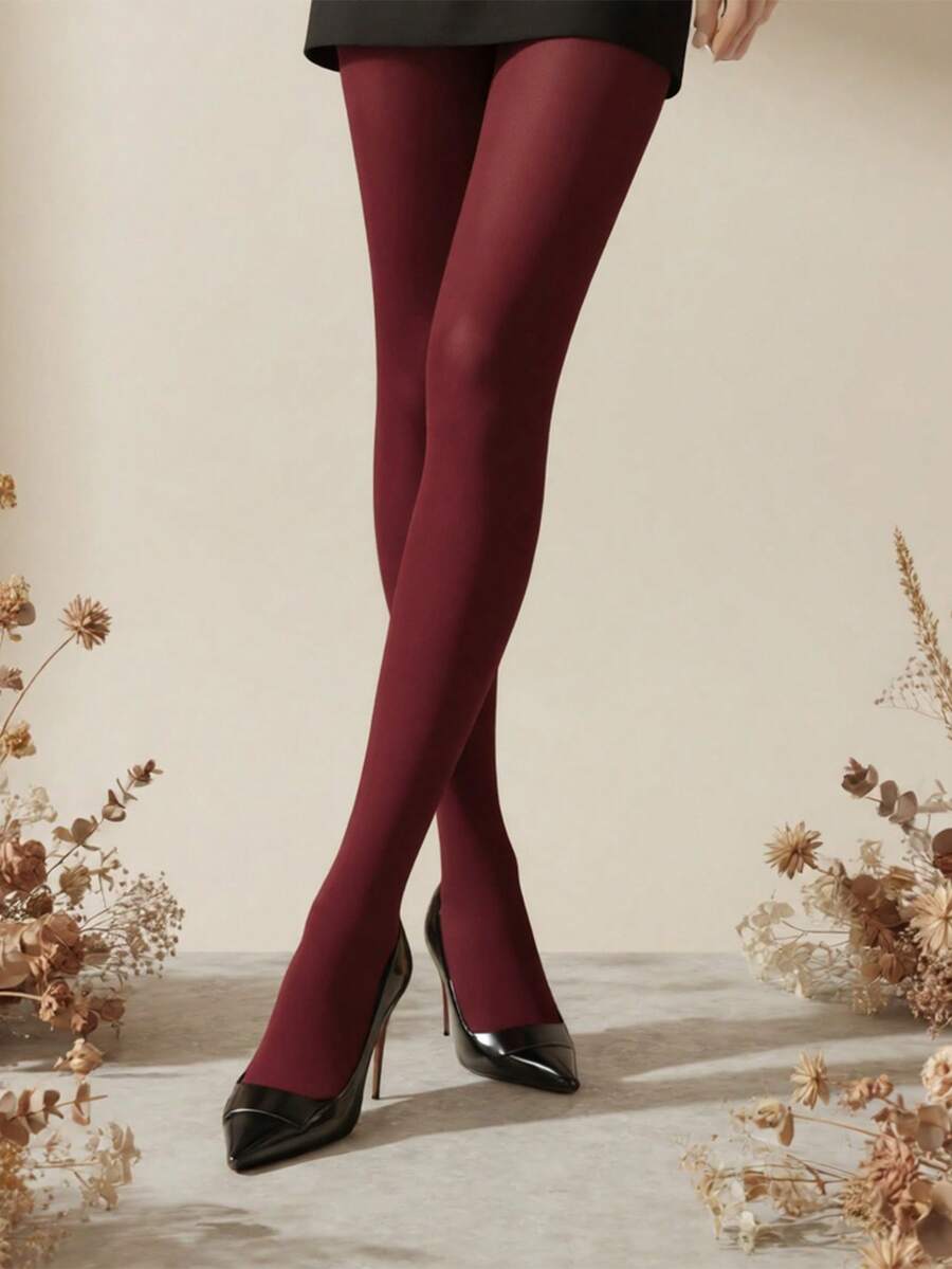 1雙時尚天鵝絨春夏/秋冬糖果彩色女款百搭半透明褲襪 - 酒紅色 - 查看 1