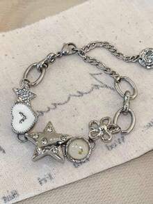 Women's Personalized Y2K Hip-Hop Style Star & Heart Chain Bracelet, Suitable For Summer, Versatile For Festivals, Parties, Beach Vacations - Silver - View 1
