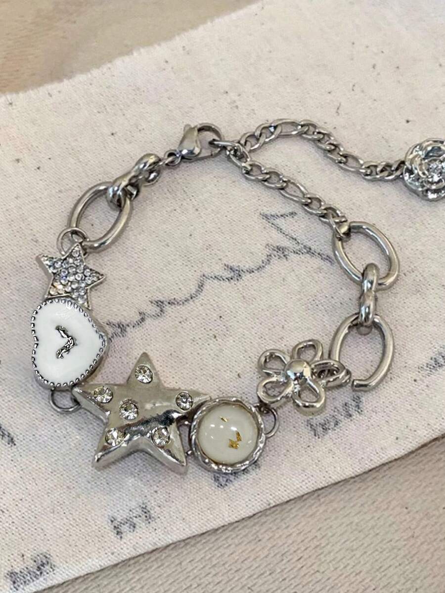 Women's Personalized Y2K Hip-Hop Style Star & Heart Chain Bracelet, Suitable For Summer, Versatile For Festivals, Parties, Beach Vacations - Silver - View 1