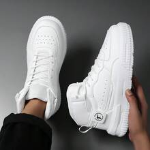 Men's White High-Top Skateboard Sneakers, Lace-Up Design, Serrated Pattern Thick Sole Casual Shoes - White - View 5