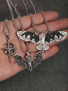 3pcs Vintage Gothic Hip Hop Style Cross Skull Moth Star Bat Sun Eye Necklace Stainless Steel NK Chain Men's Necklace Set - Silver - View 15