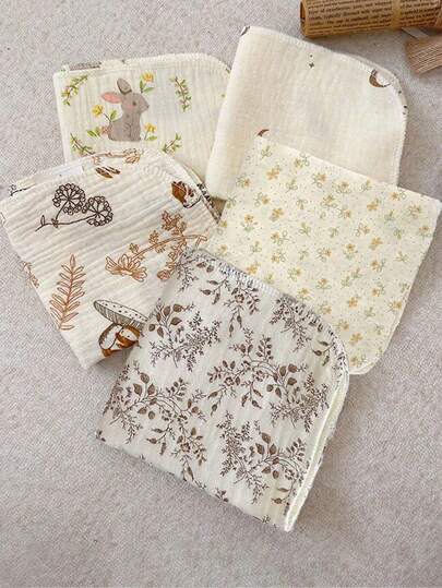 5 buah Kain Lap Bayi Muslin, Handuk Wajah Lembut untuk Bayi Baru Lahir, Sapu Tangan Kecil Serbaguna dengan Motif Lucu yang Dapat Digunakan Kembali