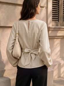 Women's Autumn Puff Long Sleeve Ruffle Blouse, Round Neck Pleated Back Tie Cinched Waist Cinched Shirt Top - Khaki - View 2
