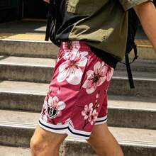 1PC Men Cherry Blossom Floral Print Mesh Athletic Shorts Contrast Striped Hem Elastic Waist Loose Fit Breathable Basketball Street Workout Casual Short Pants With Side Pockets - A - View 8