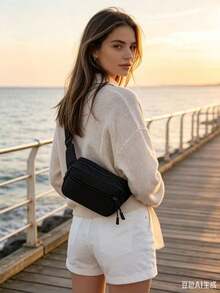 Tas Dada Mini Wanita Serbaguna Bergaya, Terbuat dari Kain Nilon Warna Polos, Tas Ponsel & Dompet Koin Minimalis Sporty - Hitam - View 2